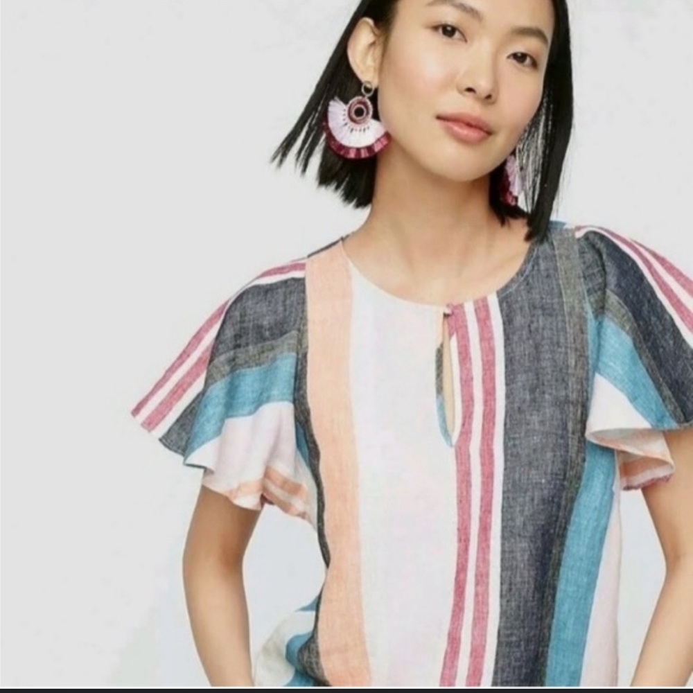 J Crew 100% Linen vertical stripe Flutter Sleeve